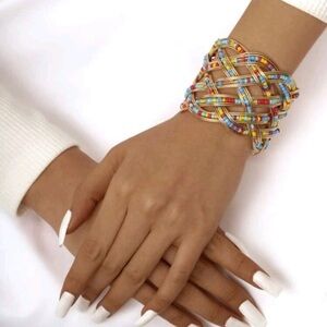 BOHO MULTICOLOR BEADED GOLDTONE CUFF BANGLE BRACELET